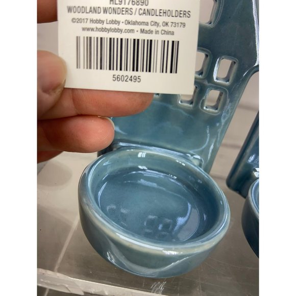 Woodland Wonders Blue Ceramic Candleholders Farmhouse Homes 4 Piece Set - Picture 5 of 7